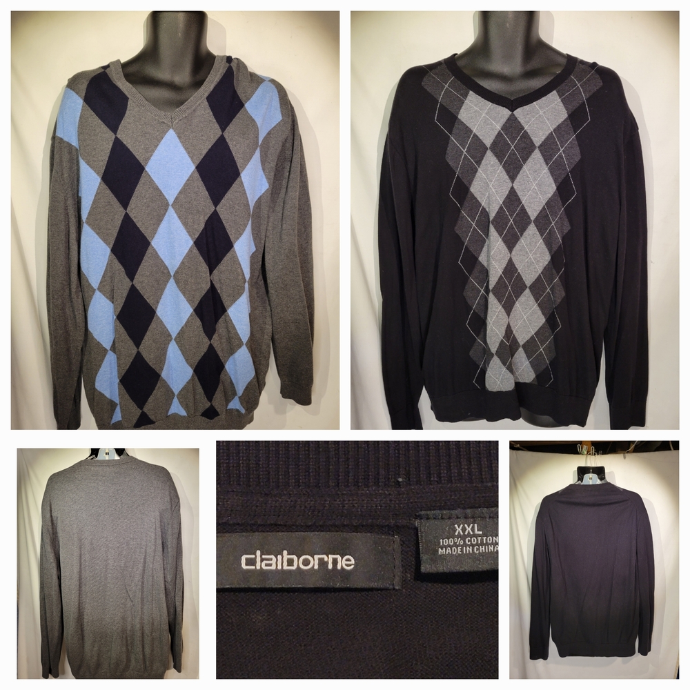 ClaiboLOT of TWO Claiborne Men 2XL Black & Gray Argyle Sweater Set -
